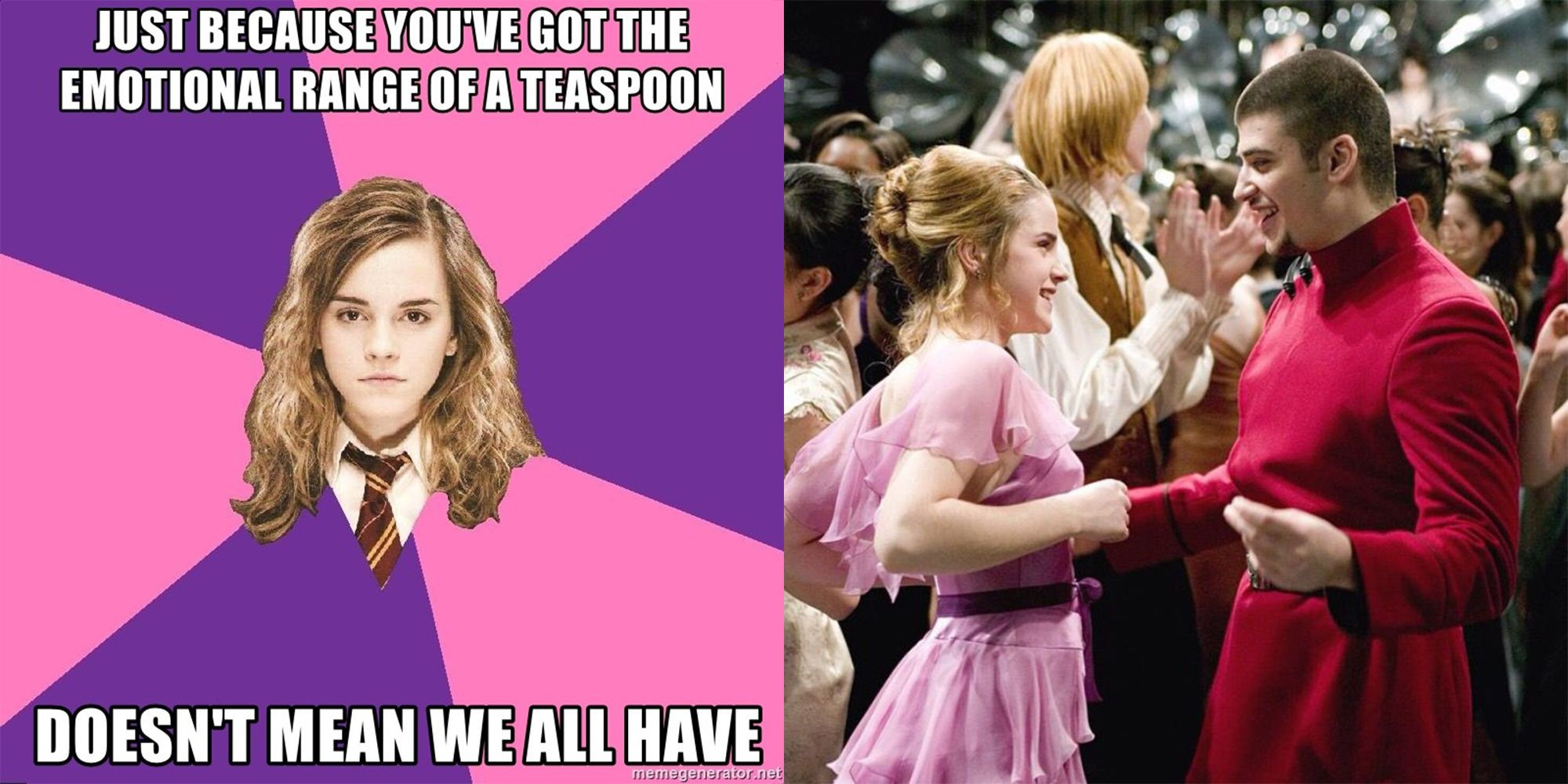 Split image of Hermione in a meme, and her dancing with Krum in Harry Potter.