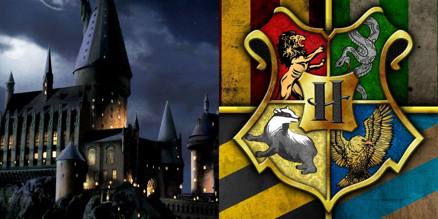 Split image of Hogwarts castle and crest in Harry Potter