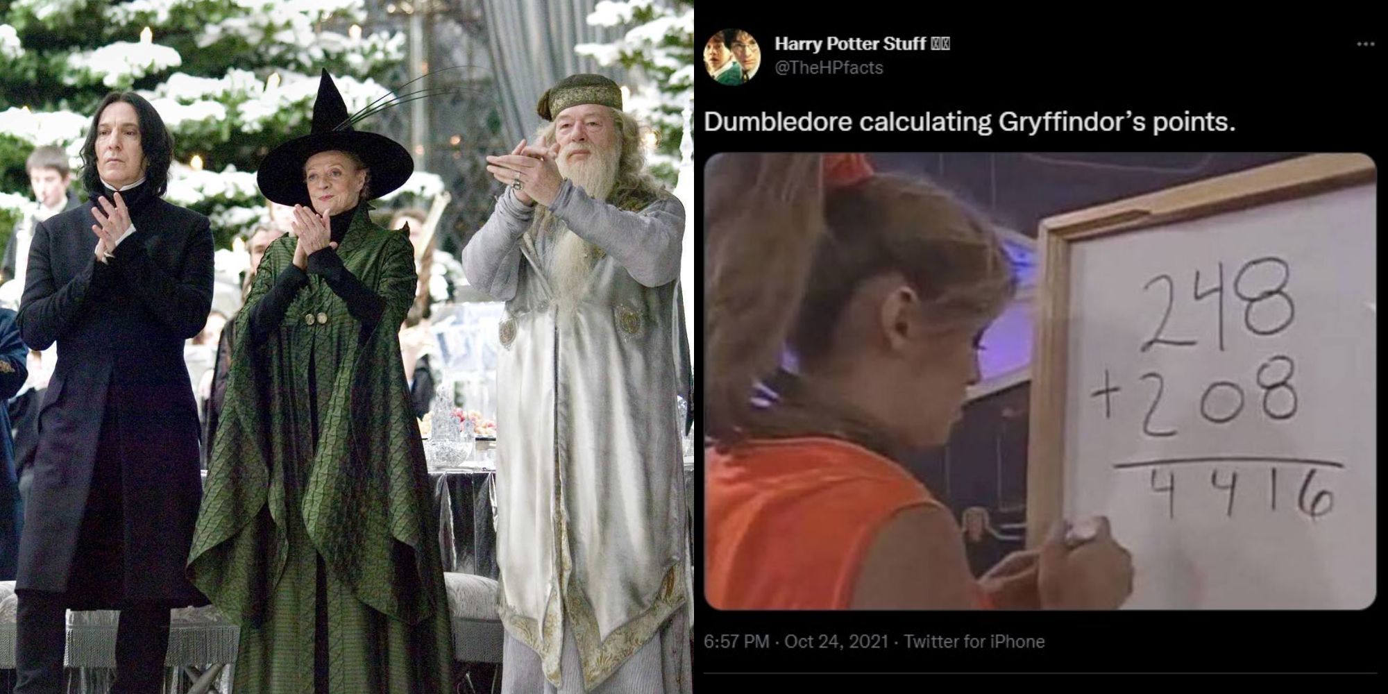 Split images of Snape, McGonagall, and Dumbledore, and a Harry Potter meme