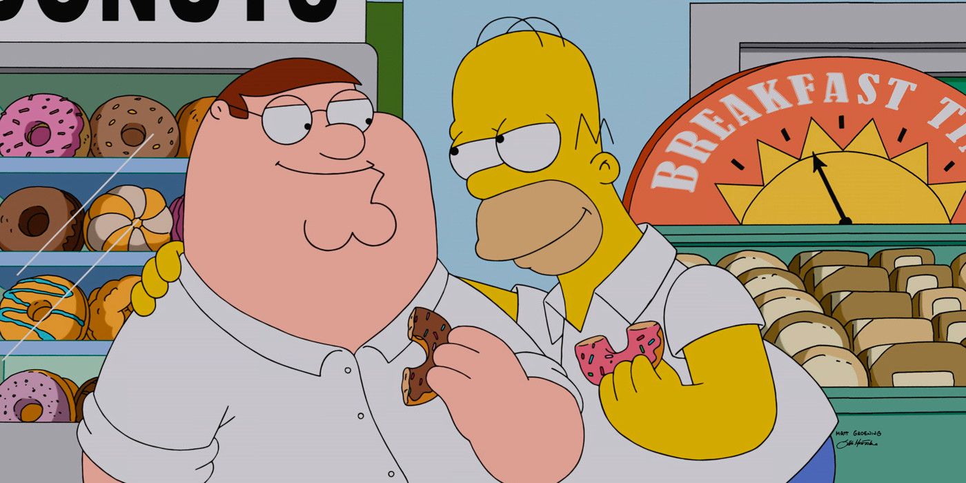 Homer Simpson of The Simpsons and Peter Griffin of Family Guy sharing donuts