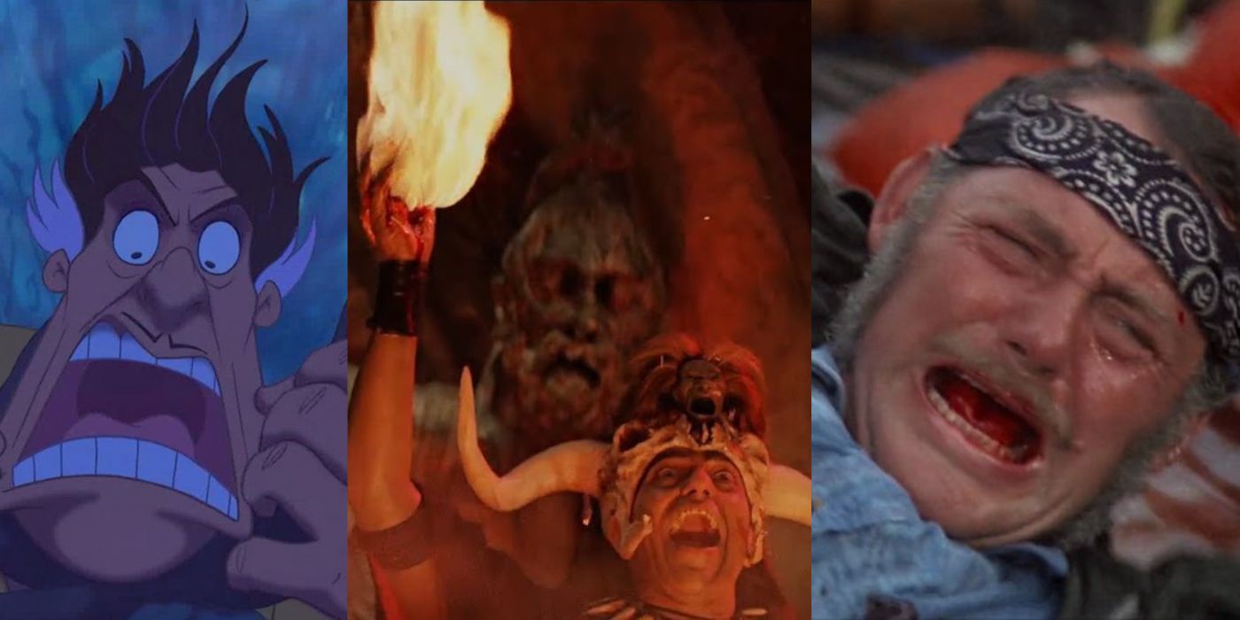 Split image of Clayton from Tarzan, Quint from Jaws, and Mola Ram from Indiana Jones and the Temple of Doom
