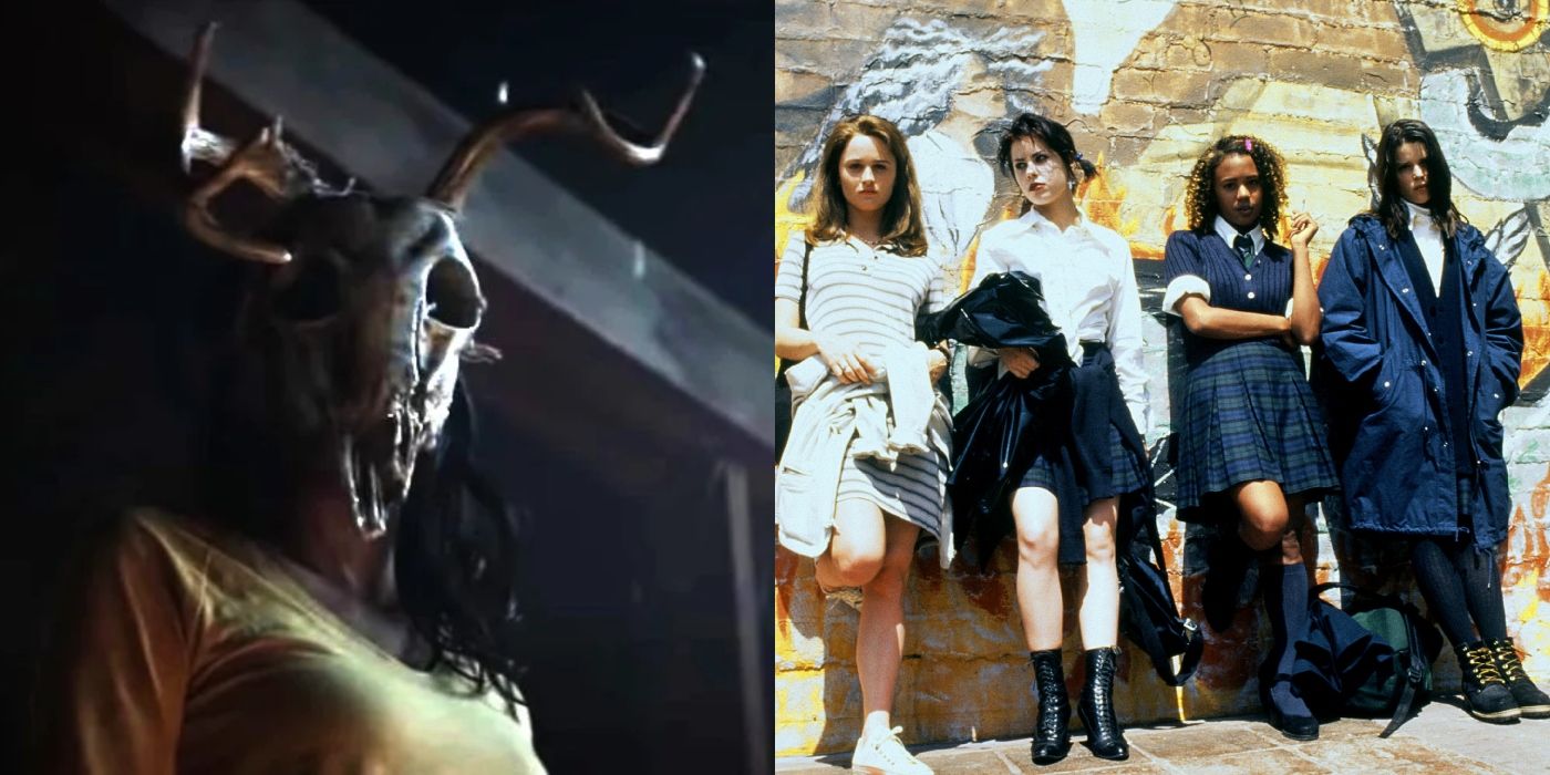 Split image of the witch in The Wretched and Sarah, Nancy, Rochelle and Bonnie in The Craft