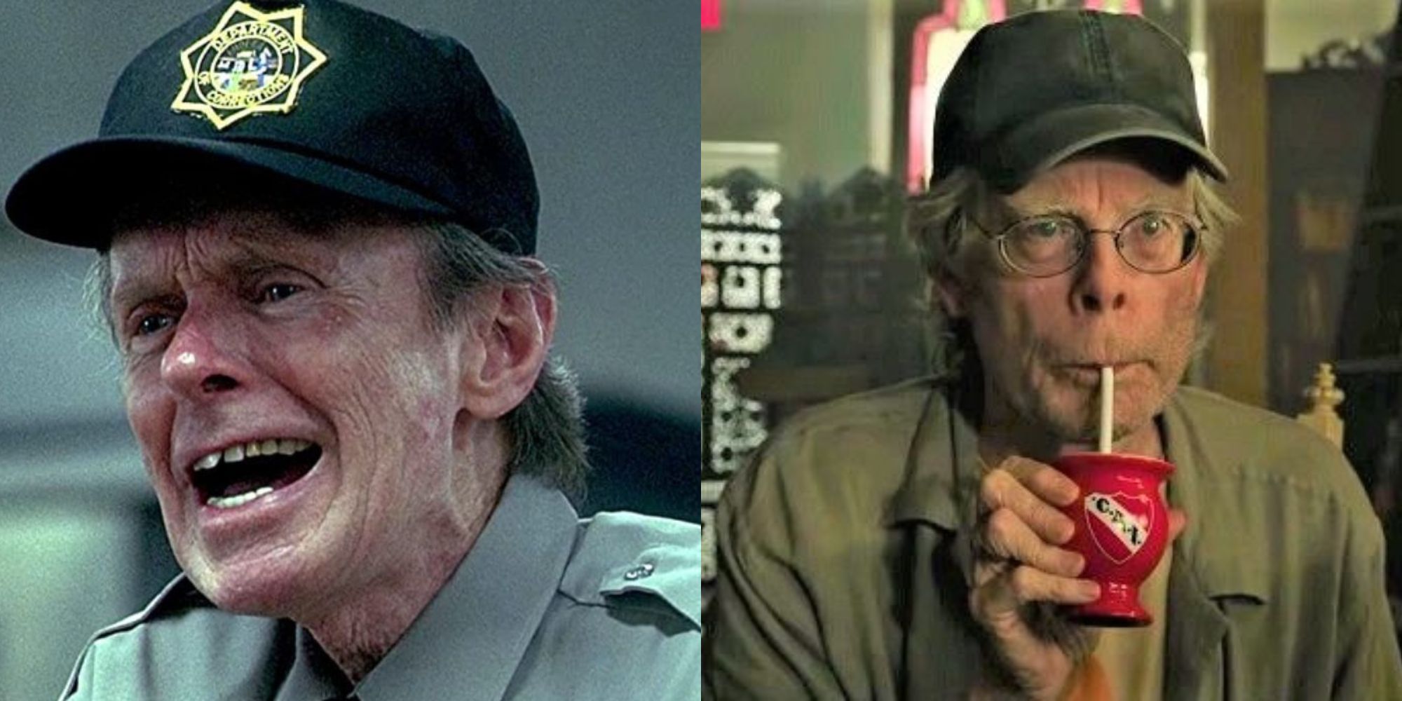 Split image showing Hubert Selby Jr. in Requiem for a Dream and Stephen King in IT Chapter 2.