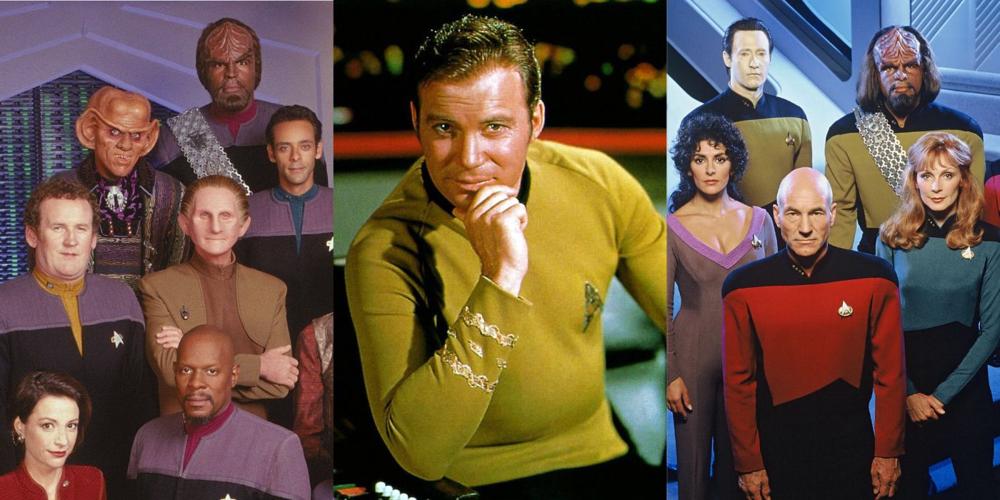 A split image of the cast of Star Trek and Captain Kirk sitting in a seat