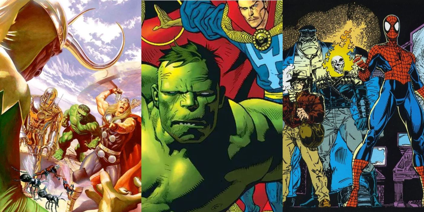 Images from various comics featuring the Hulk in teams