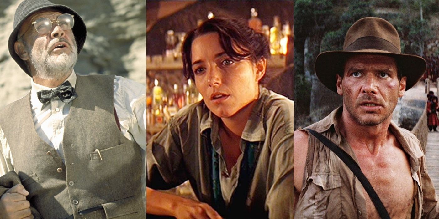 three vertical images from Indiana Jones franchise - Henry, Marion and indy