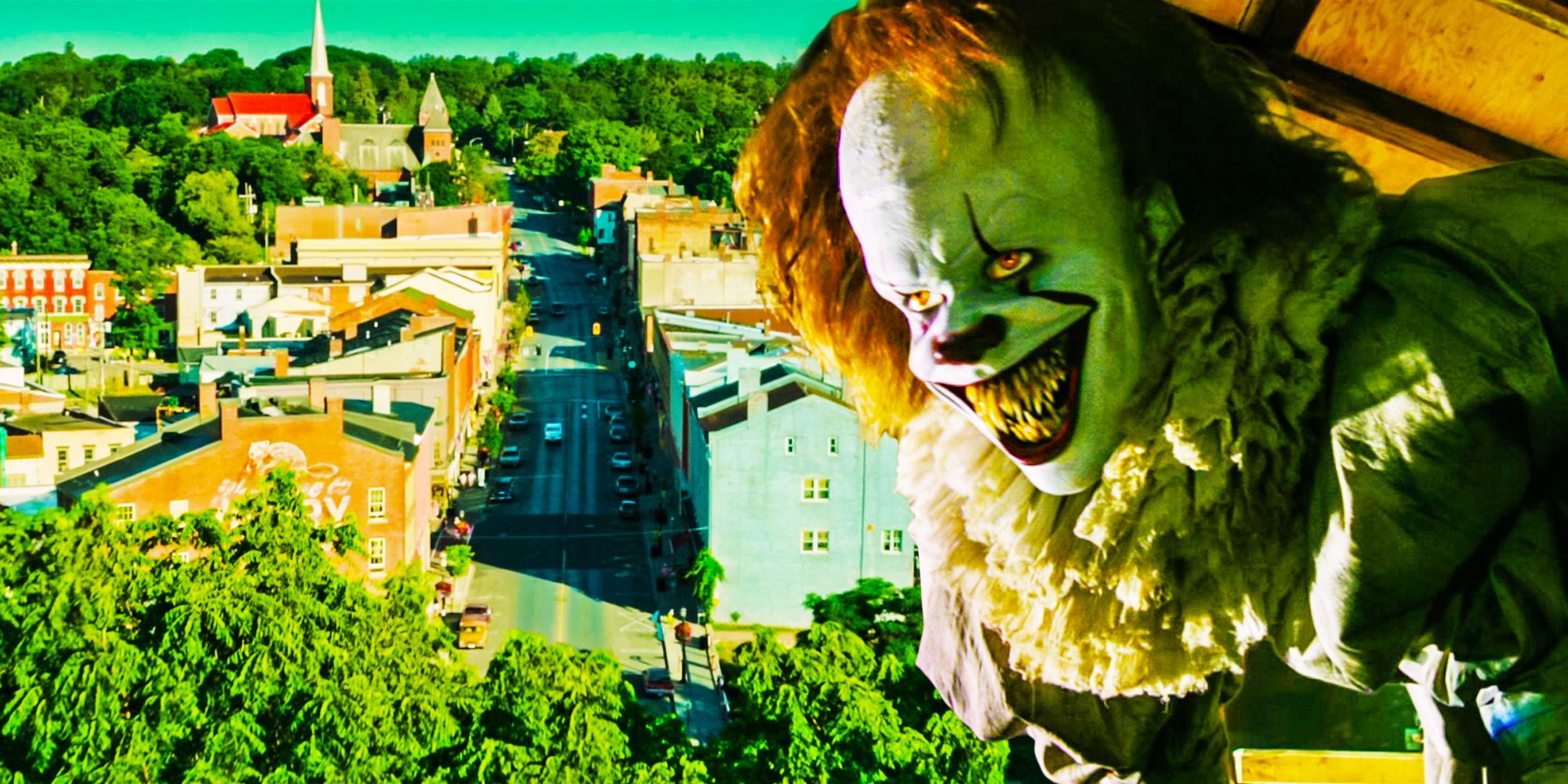 pennywise in it chapter 2 and the town of derry in welcome to derry
