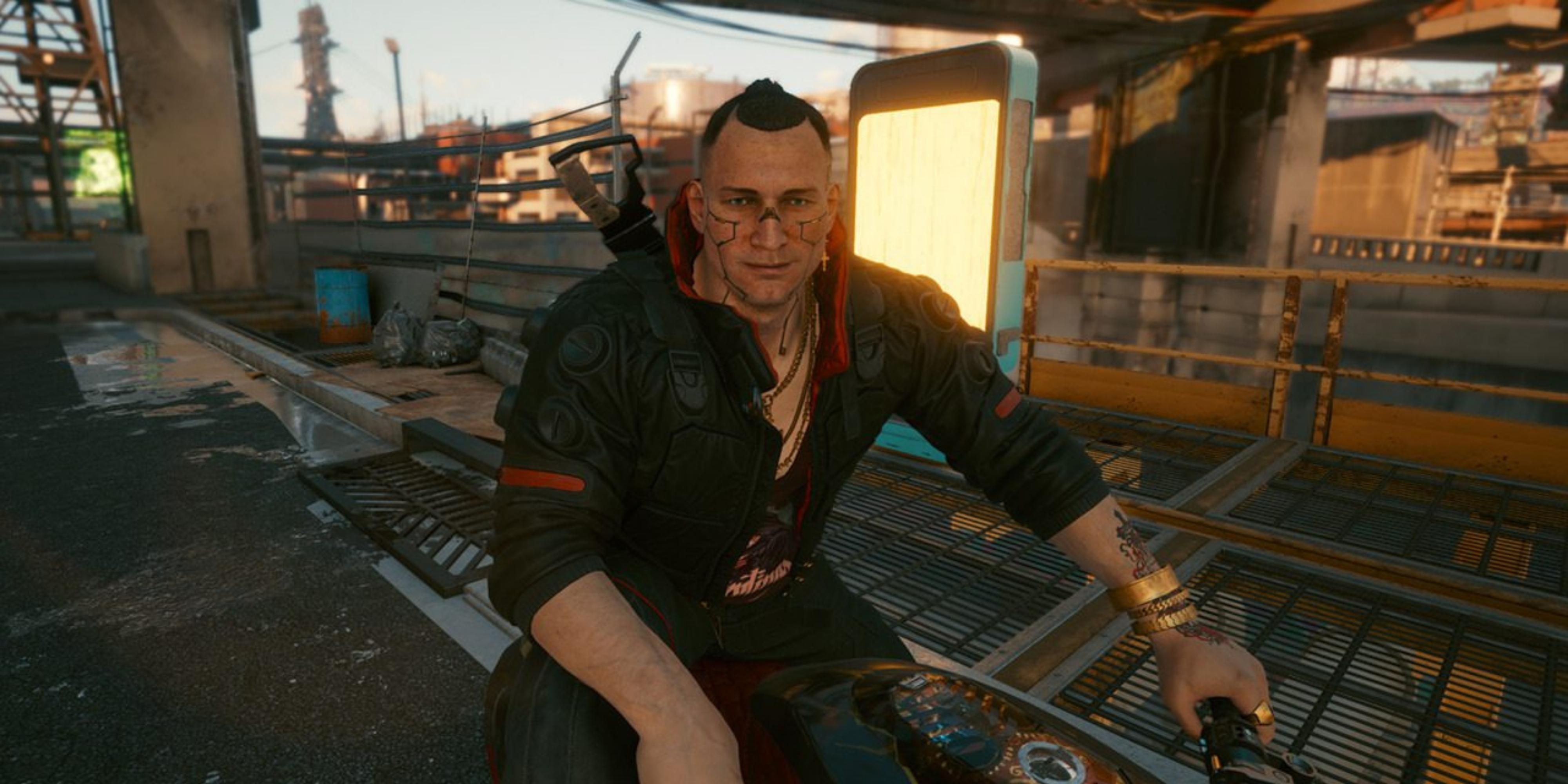 ackie on his motorbike in Cyberpunk 2077 by CD Projekt Red