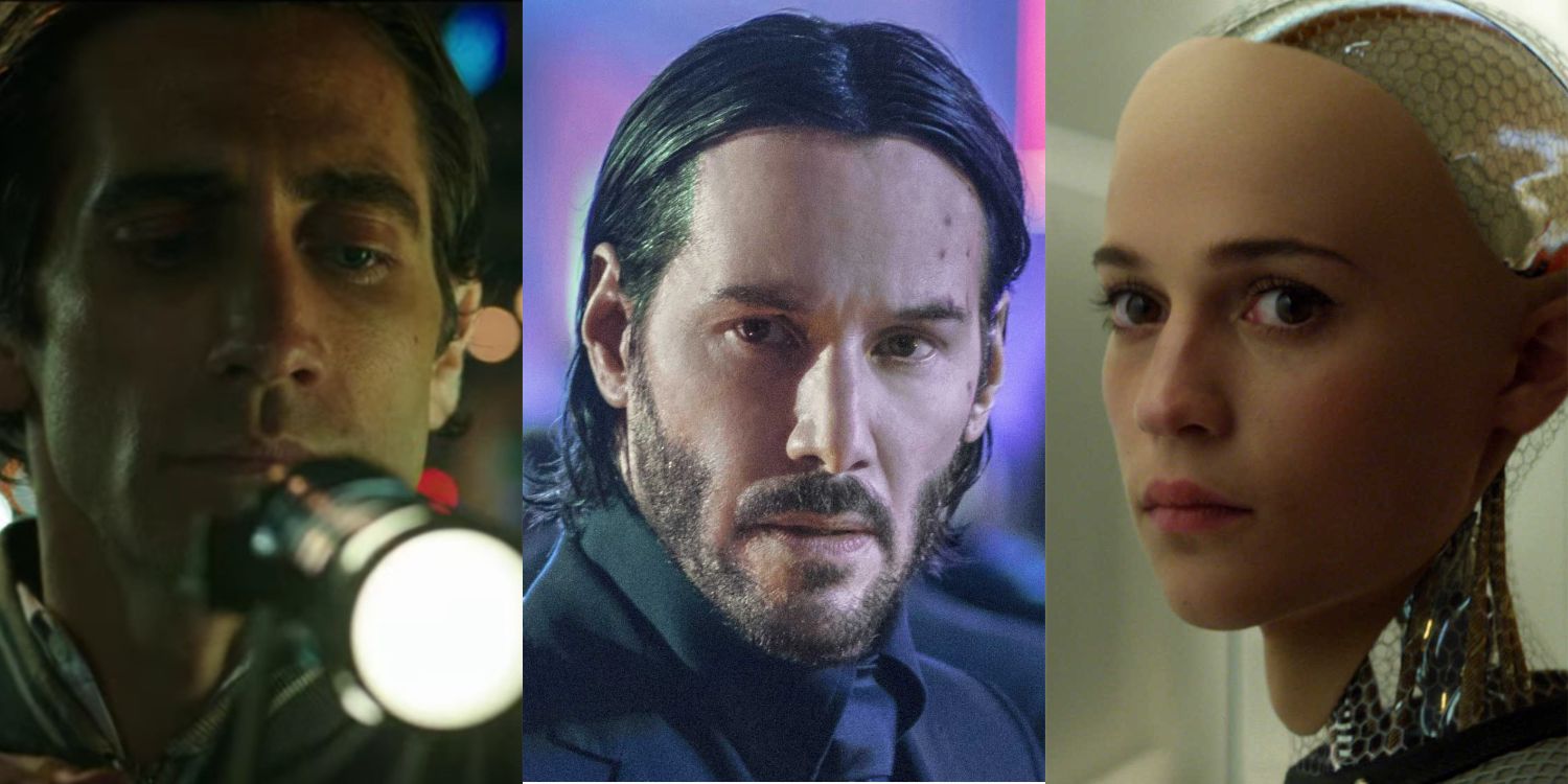 Jake Gyllenhaal in Nightcrawler, Keanu Reeves in John Wick 2 and Alicia Vikander in Ex Machina Split Image