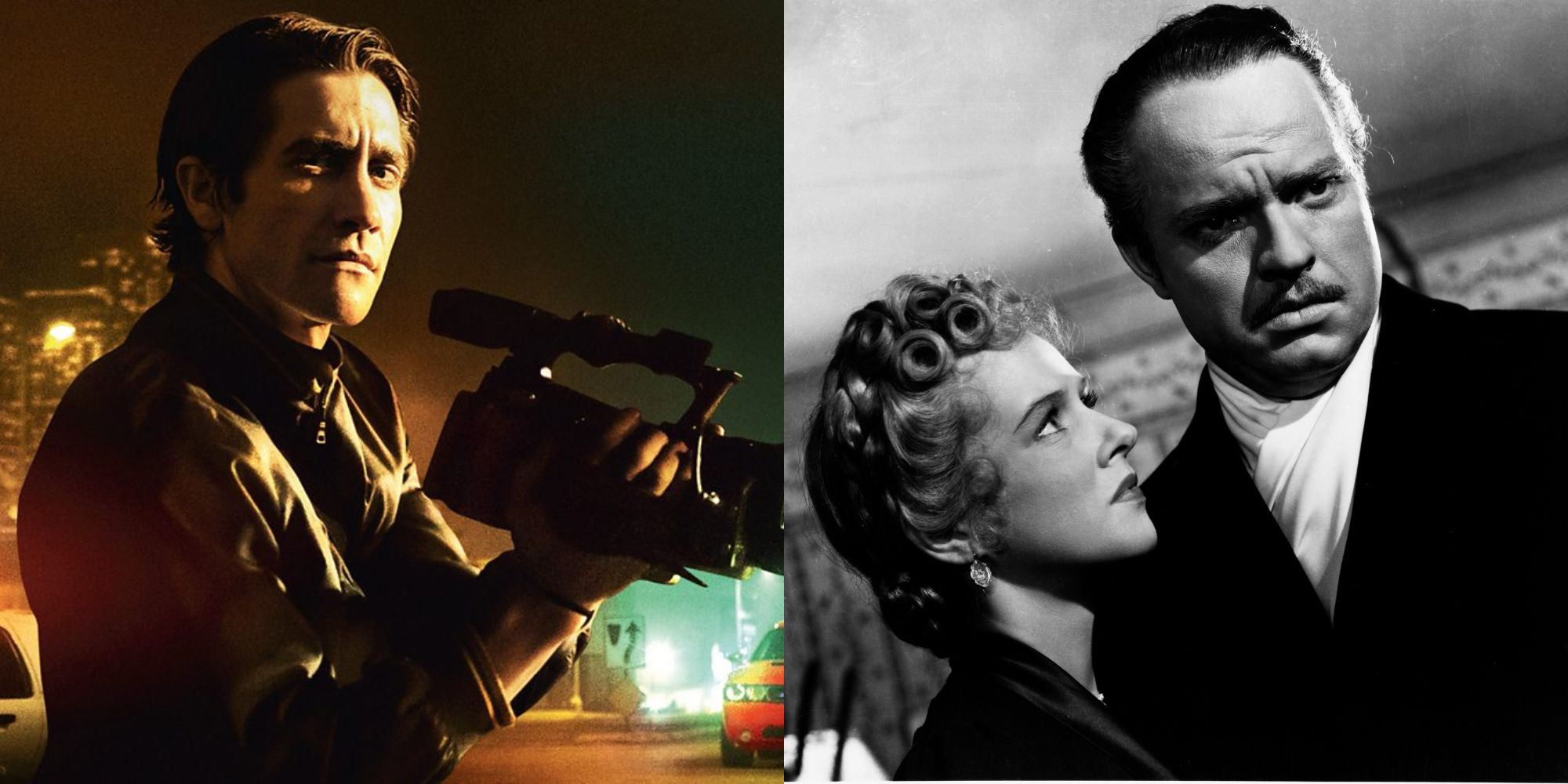 Split image showing characters from the films Nightcrawler and Citizen Kane.