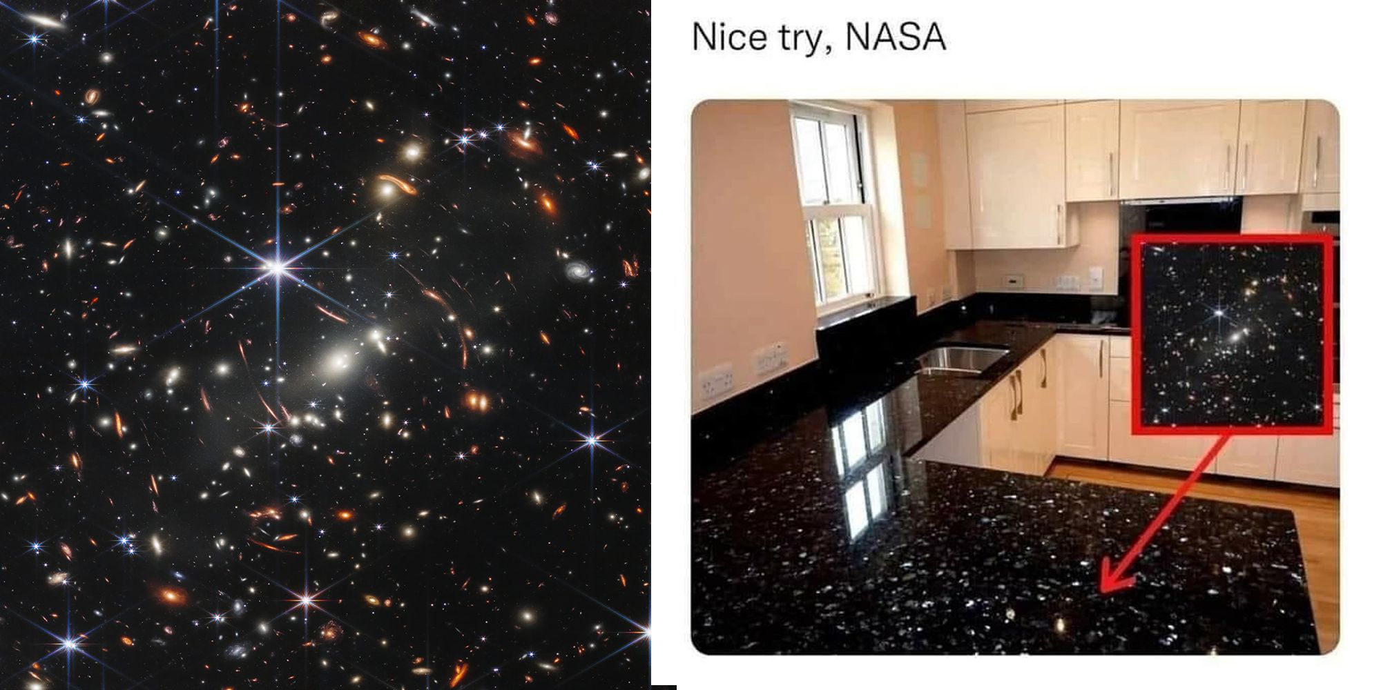 Split image of the Deep Field and a meme about James Webb Telescope.