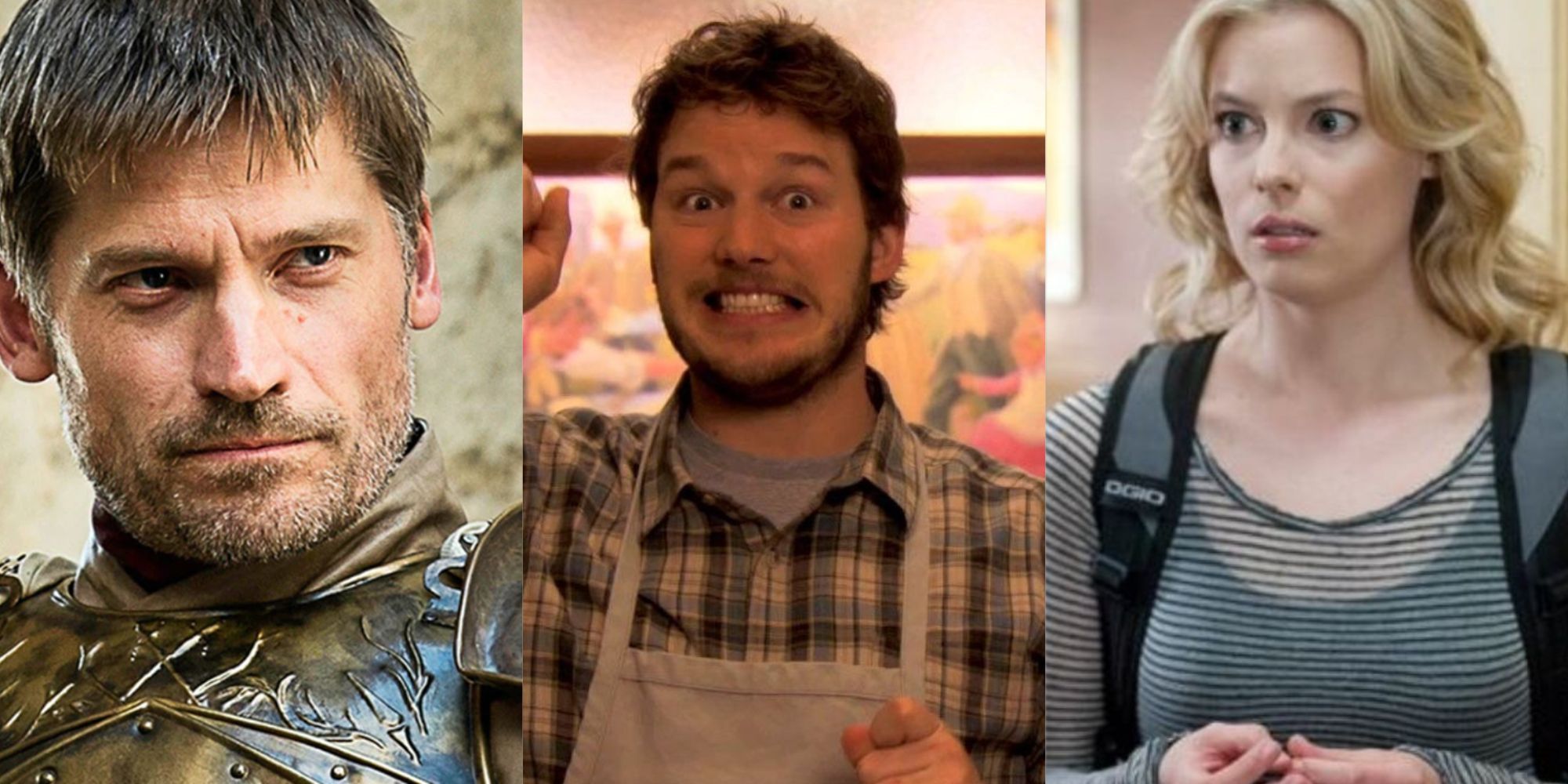 A split image of Jamie Lannister, Britta, Andy Dwyer.