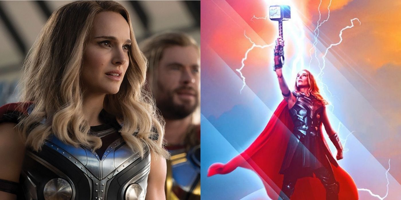 A split image showing Jane Foster as Mighty Thor in Thor Love and Thunder
