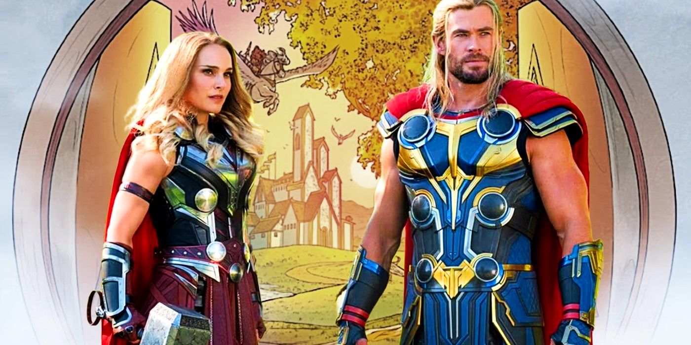 Jane and Thor standing in front of the gates of Valhalla