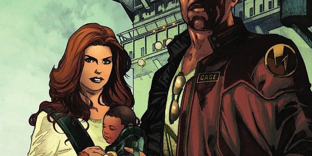 Jessica Jones carrying her child, standing beside Luke Cage.