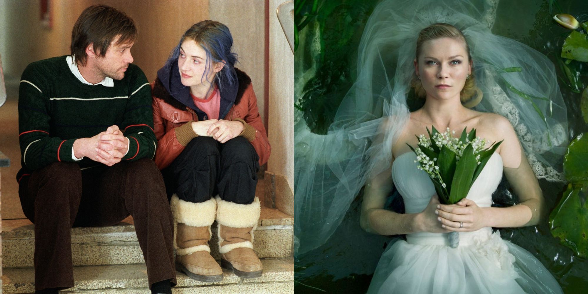 Split image showing the main characters from Eternal Sunshine and Melancholia.