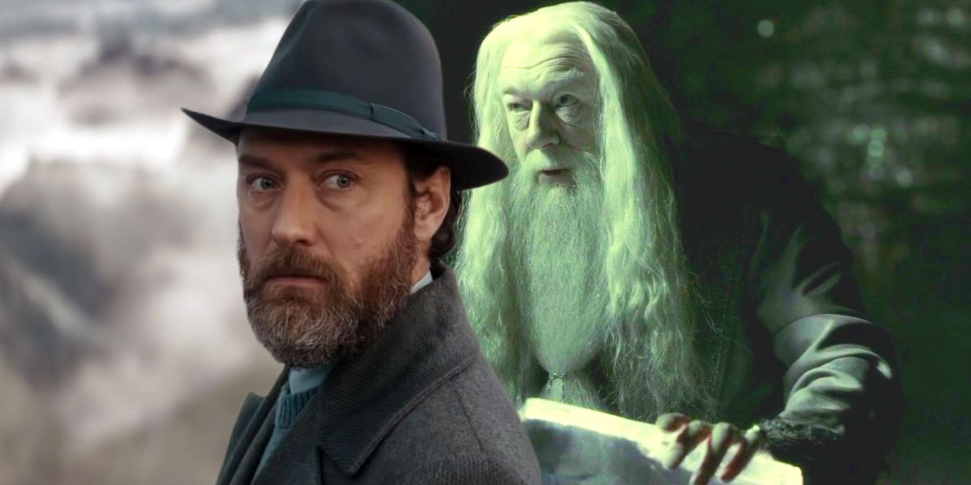 Jude Law as Albus Dumbledore in Fantastic Beasts The Secrets of Dumbledore and Michael Gambon in Harry Potter and the Half-Blood Prince