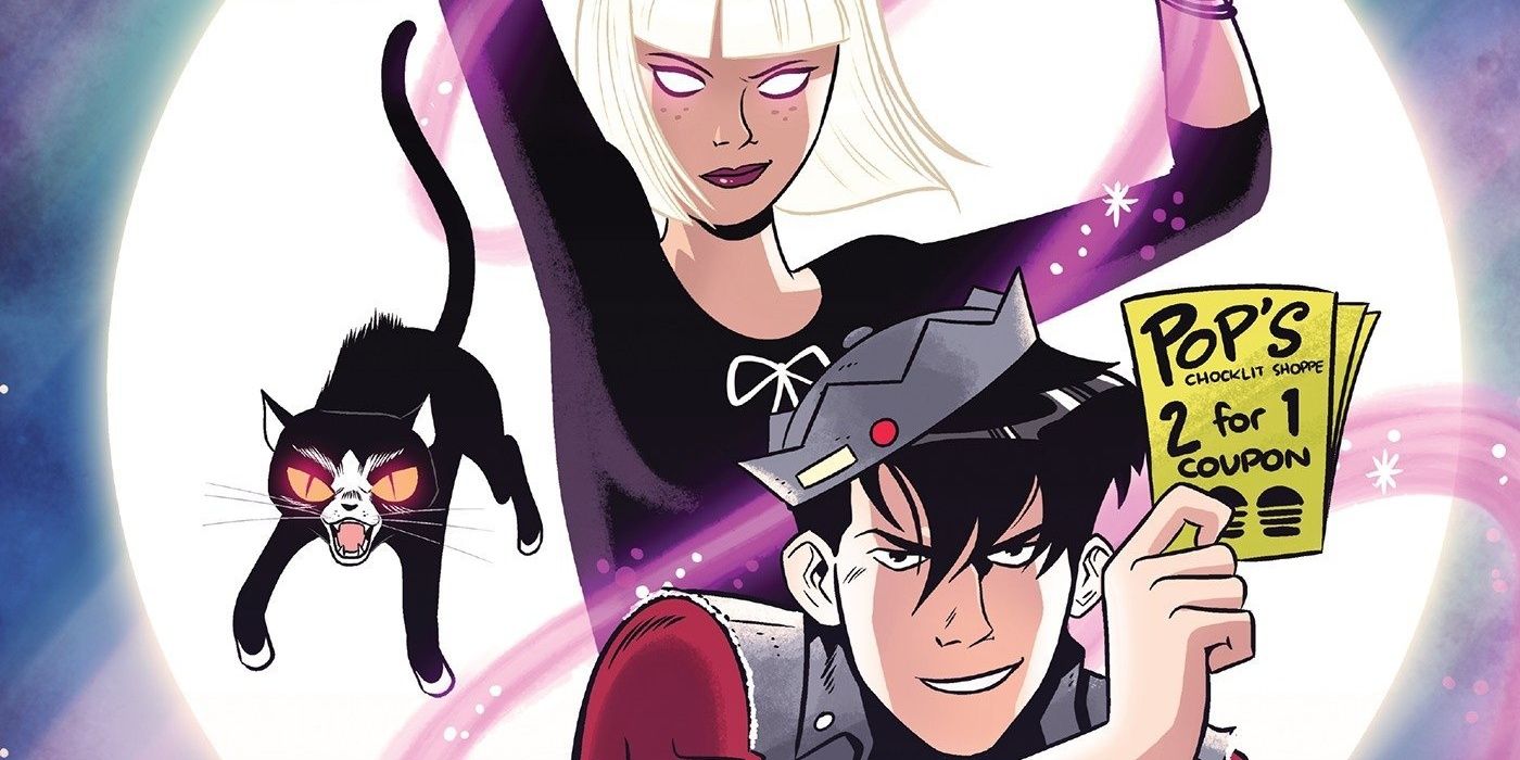 Jughead holding up a Pop's coupon while Sabrina and Salem cast a spell behind him.