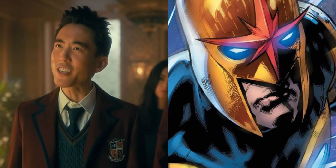 Split image showing Ben in The Umbrella Academy and Nova in Marvel Comics,