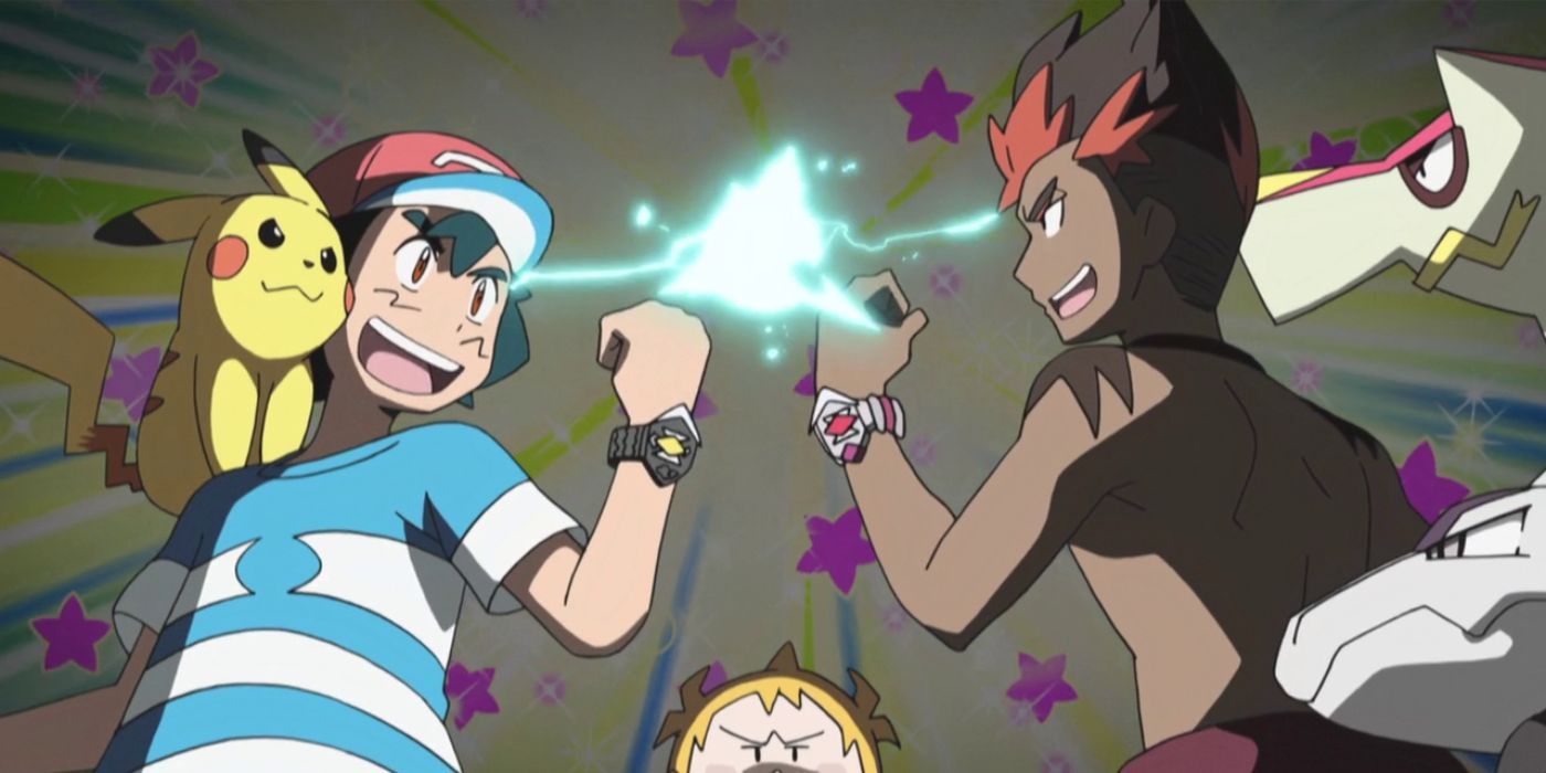 Kiawe and Ash facing off against each other in Pokemon