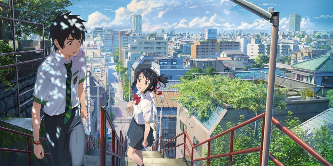 Kimi No Na Wa. main characters Mitsuha and Taki on their fateful steps.