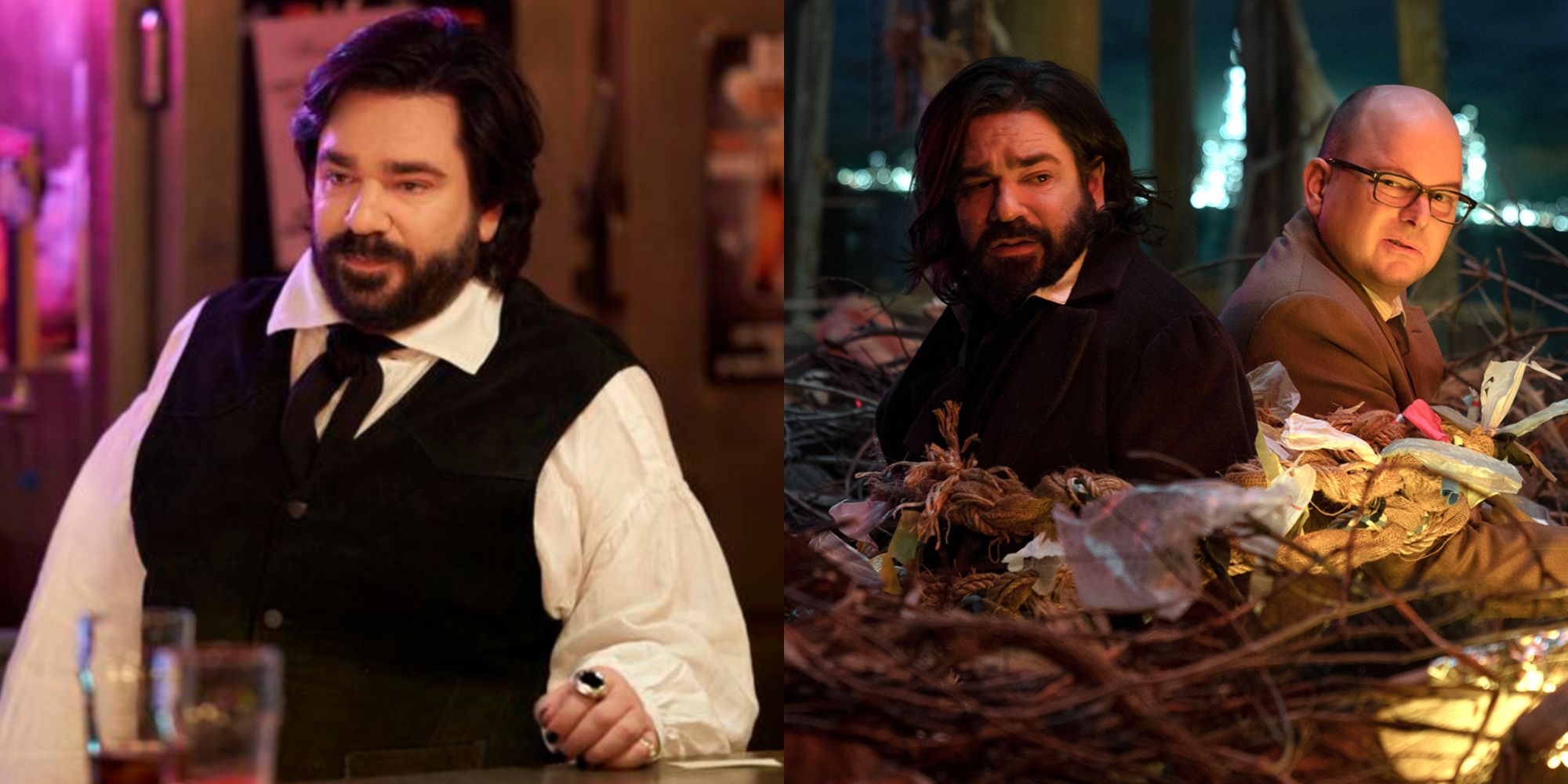 A split image showing Laszlo in What We Do in the Shadows