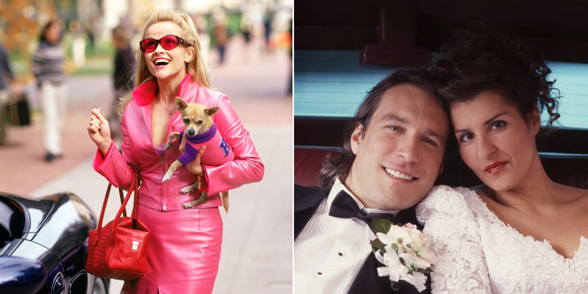 Split image of Reese Witherspoon in Legally Blonde & John Corbett and Nia Vardalos in My Big Fat Greek Wedding