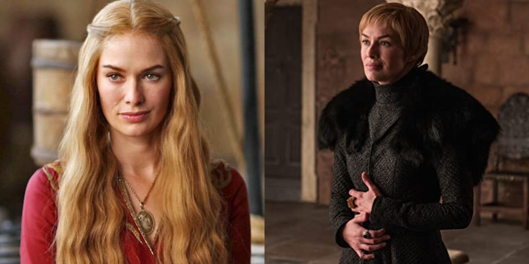 Split iamge showing Cersei Lannister with long and short hair in Game of Thrones.