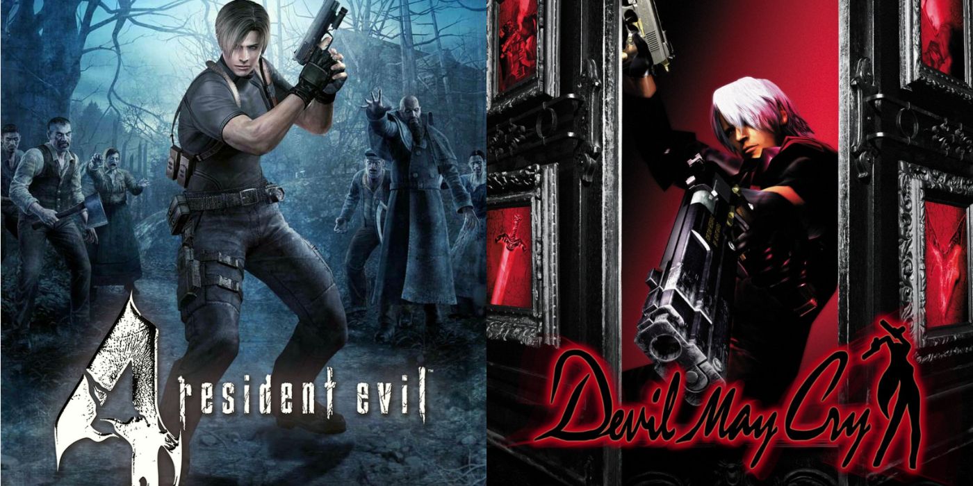 Split image of Leon in key art for RE4 and Dante for DMC.