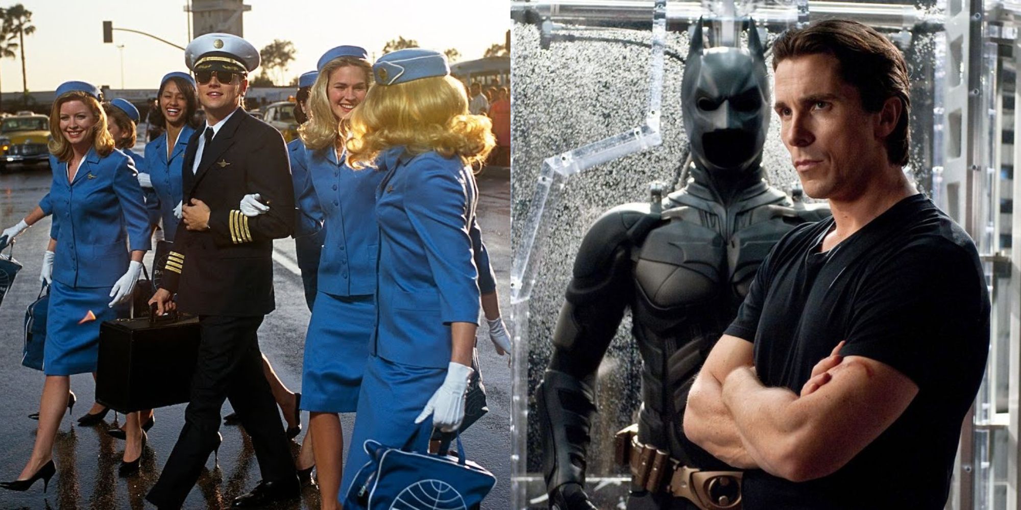 Split image showing Frank in Catch Me If You Can and Bruce in The Dark Knight Rises.