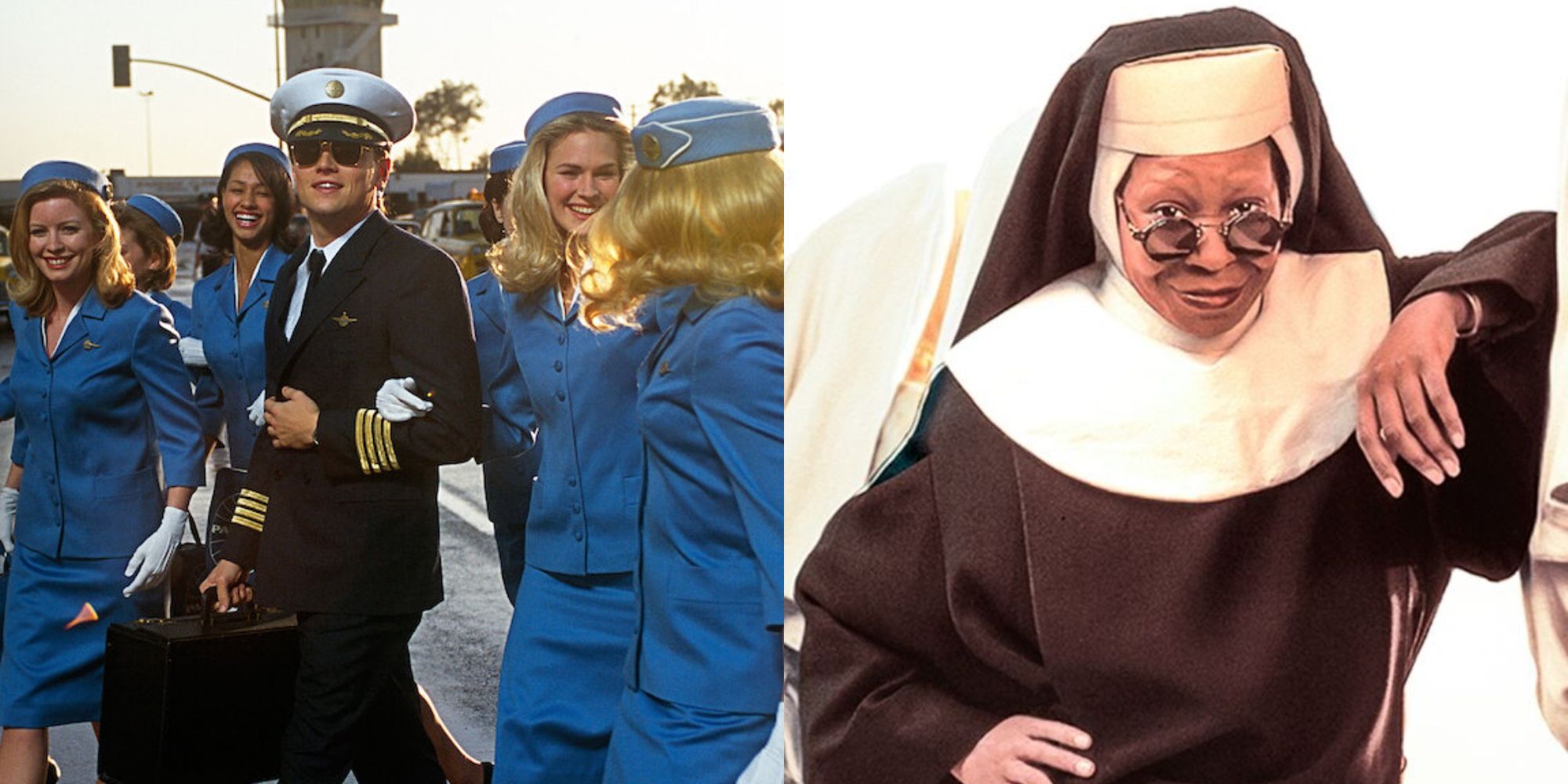 Split image showing Frank in Catch Me If You Can and Deloris in Sister Act.