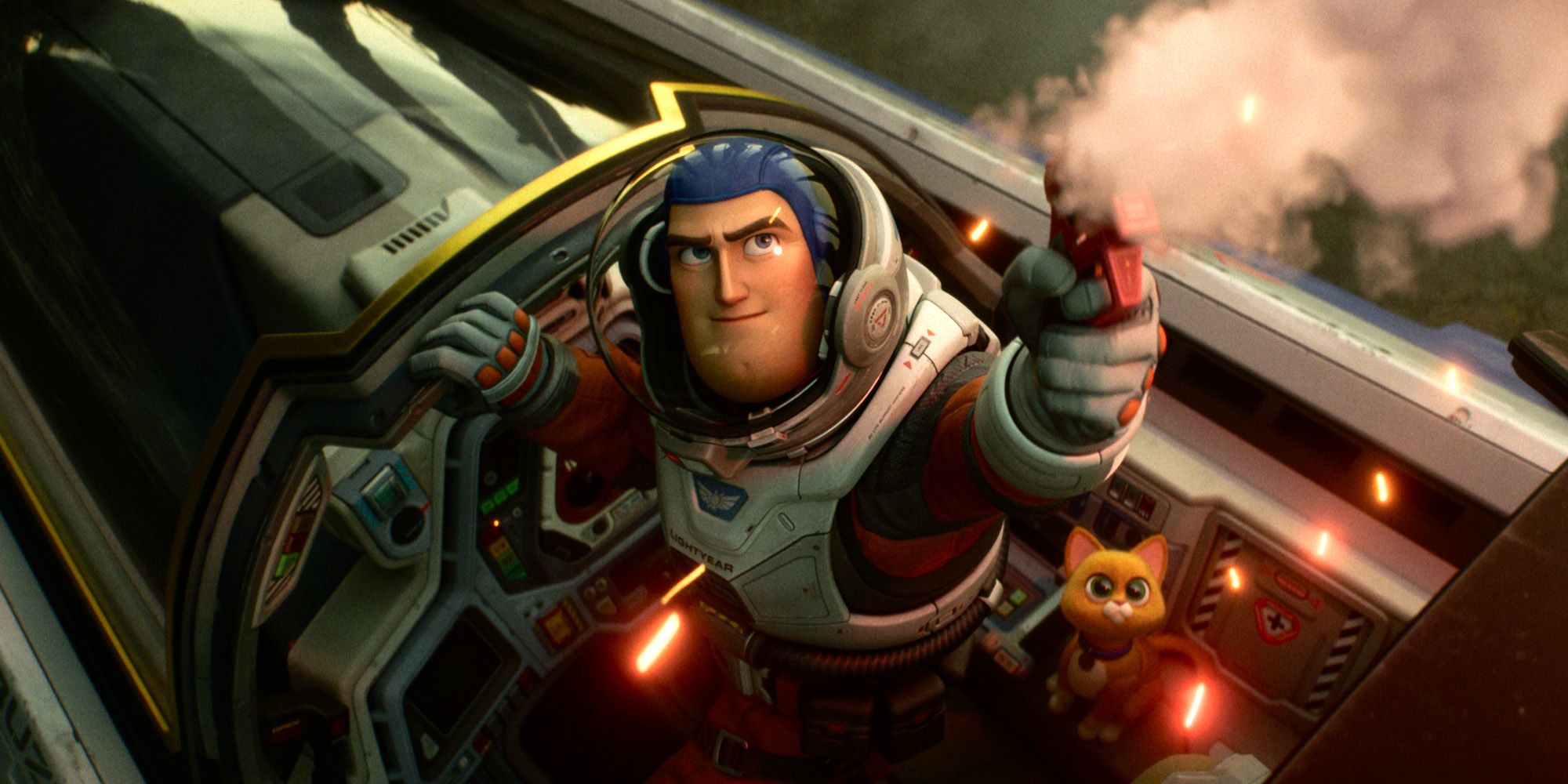 Lightyear movie buzz in spaceship shooting blaster