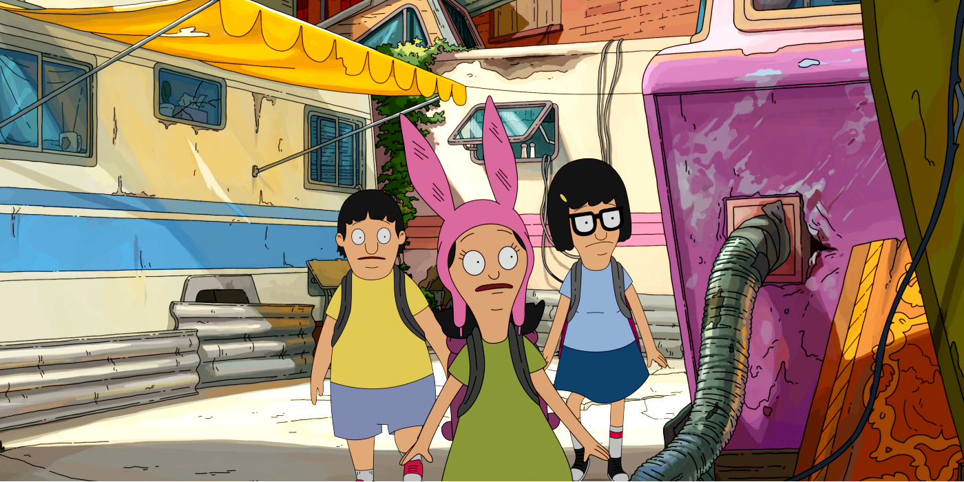 Louise Gene and Tina sneak around the carny&#8217;s alley in The Bob&#8217;s Burgers Movie