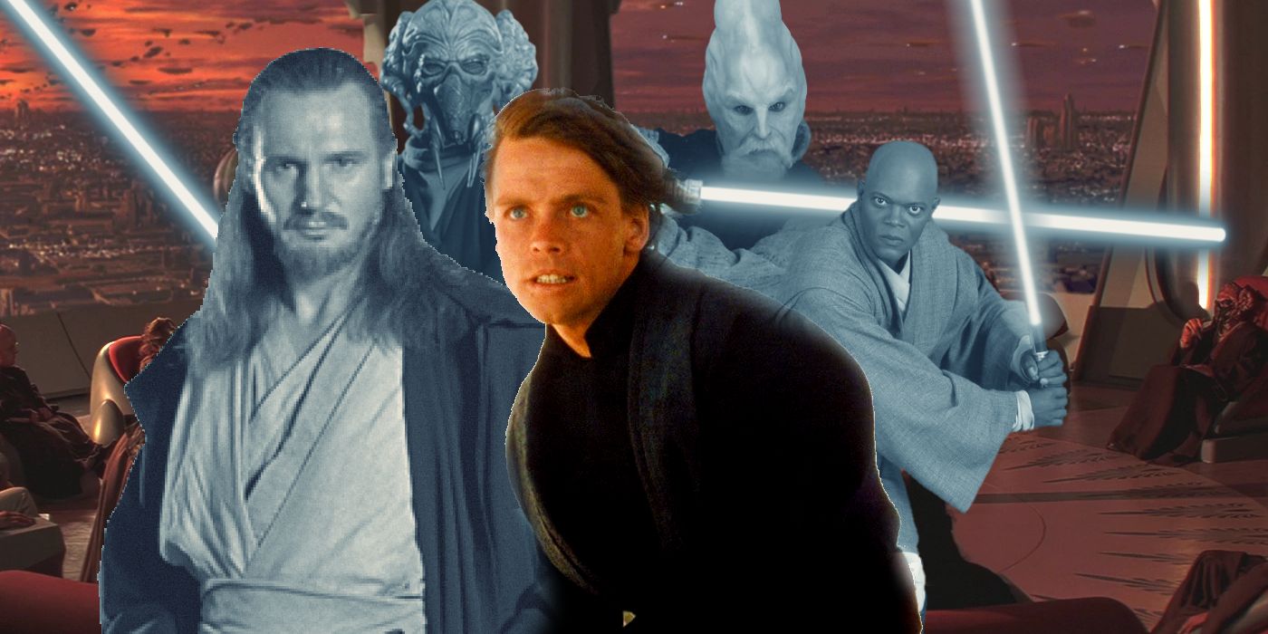 Luke Skywalker, Qui-Gon Jinn, Plo Koon, Ki-Adi-Mundi, Mace Windu in Jedi council chamber
