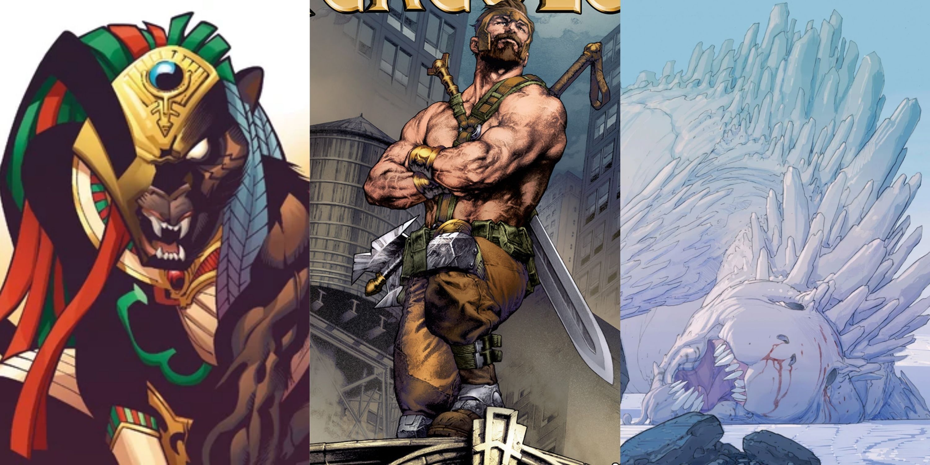 Split image of MCU Gods: Bast, Hercules, and Falligar