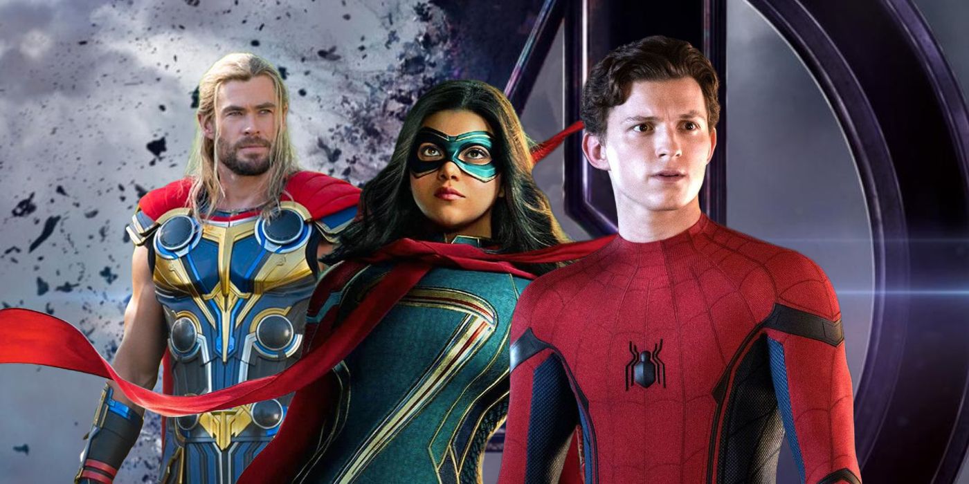 Avengers: Endgame logo with Thor, Spider-Man, and Ms. Marvel