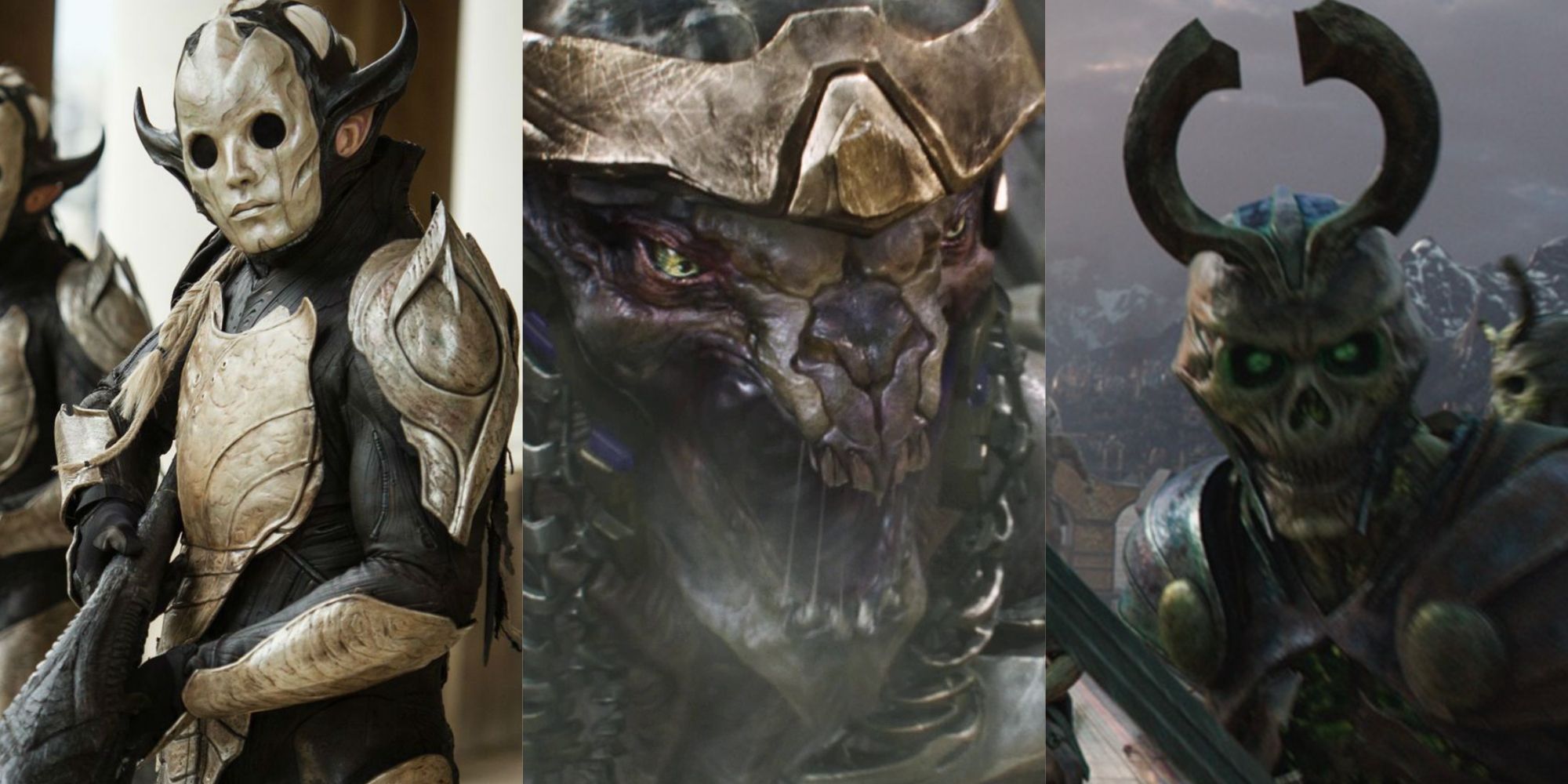 A split image of a Chitauri, Dark Elf, and Undead Asgardian.