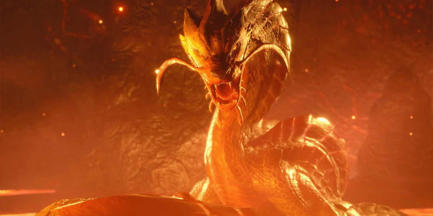 A Magma Almudron snarling in a volcanic arena in Monster Hunter Rise: Sunbreak.