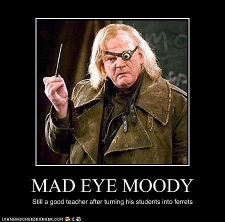 A meme showing Mad-Eye Moody with the text &quot;Mad-Eye Moody: still a good teacher after turning his student into a ferret.&quot;