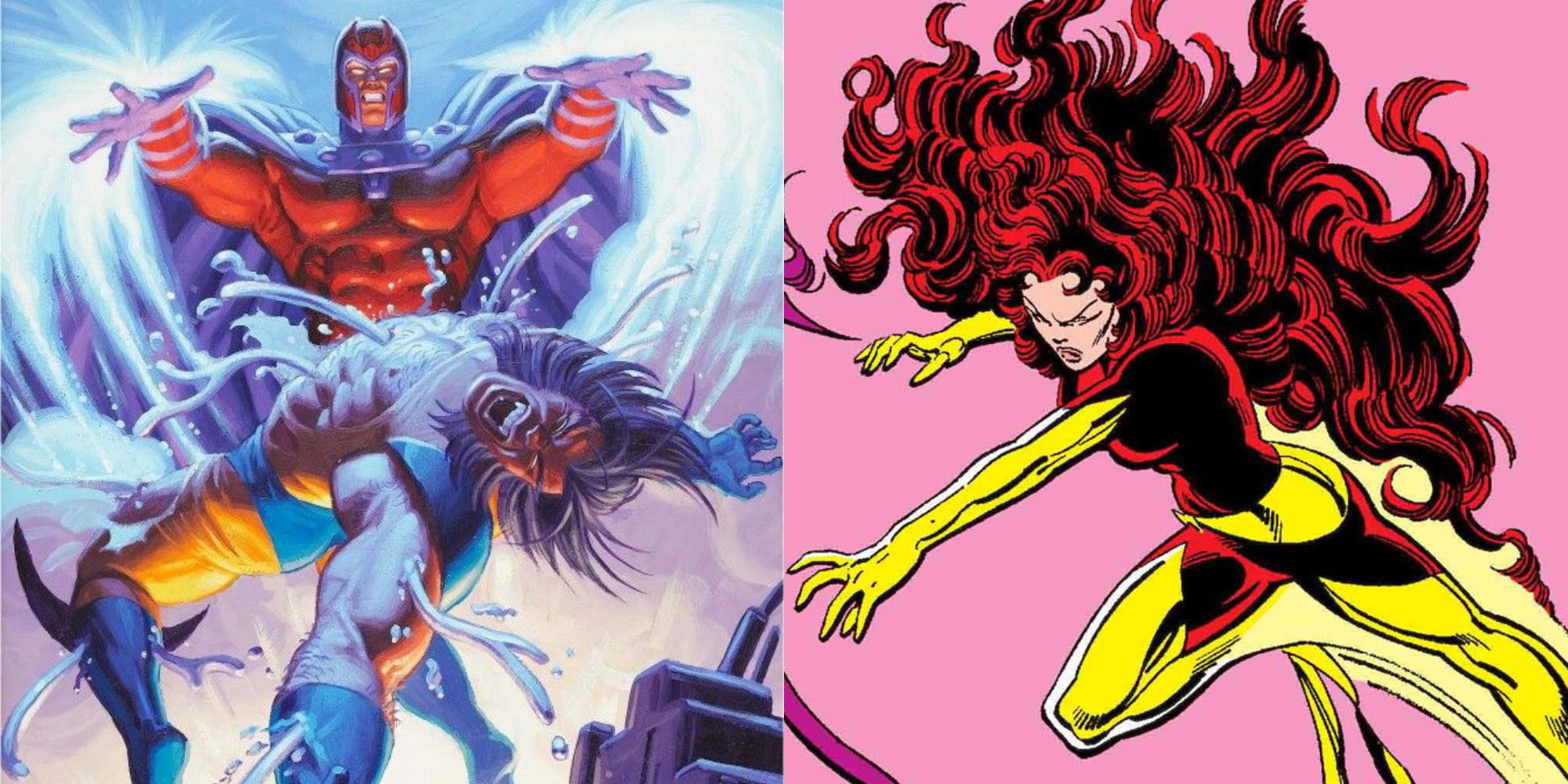 Split image showing Magneto with Wolverine and Dark Phoenix in X-Men comics.