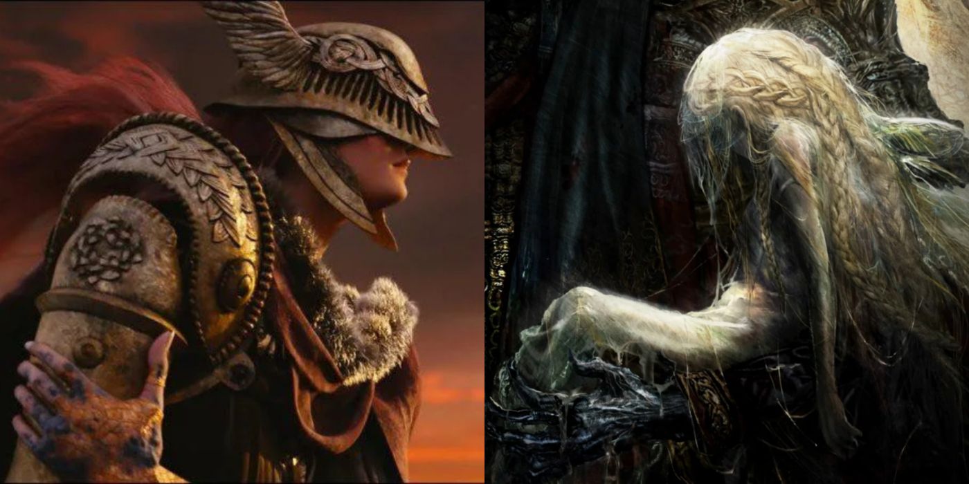 Split image of Malenia donning her armor and Miquella in his weakened form.