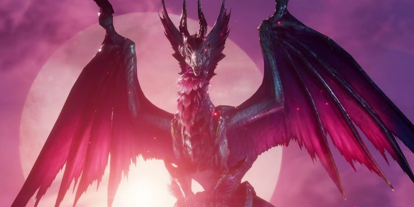The vampiric dragon Malzeno perched atop a mountain with the moon behind it.
