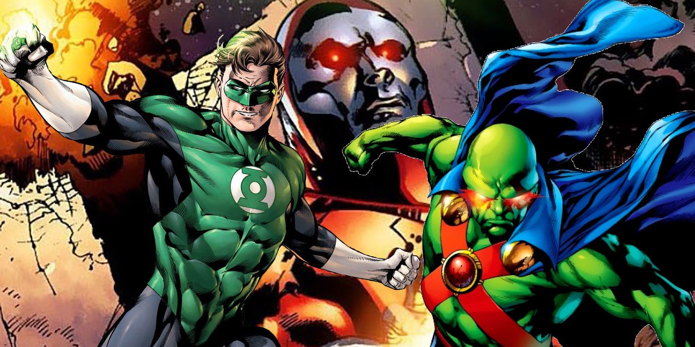 Green Lantern and Martian Manhunter in the foreground and a robotic Manhunter in the background