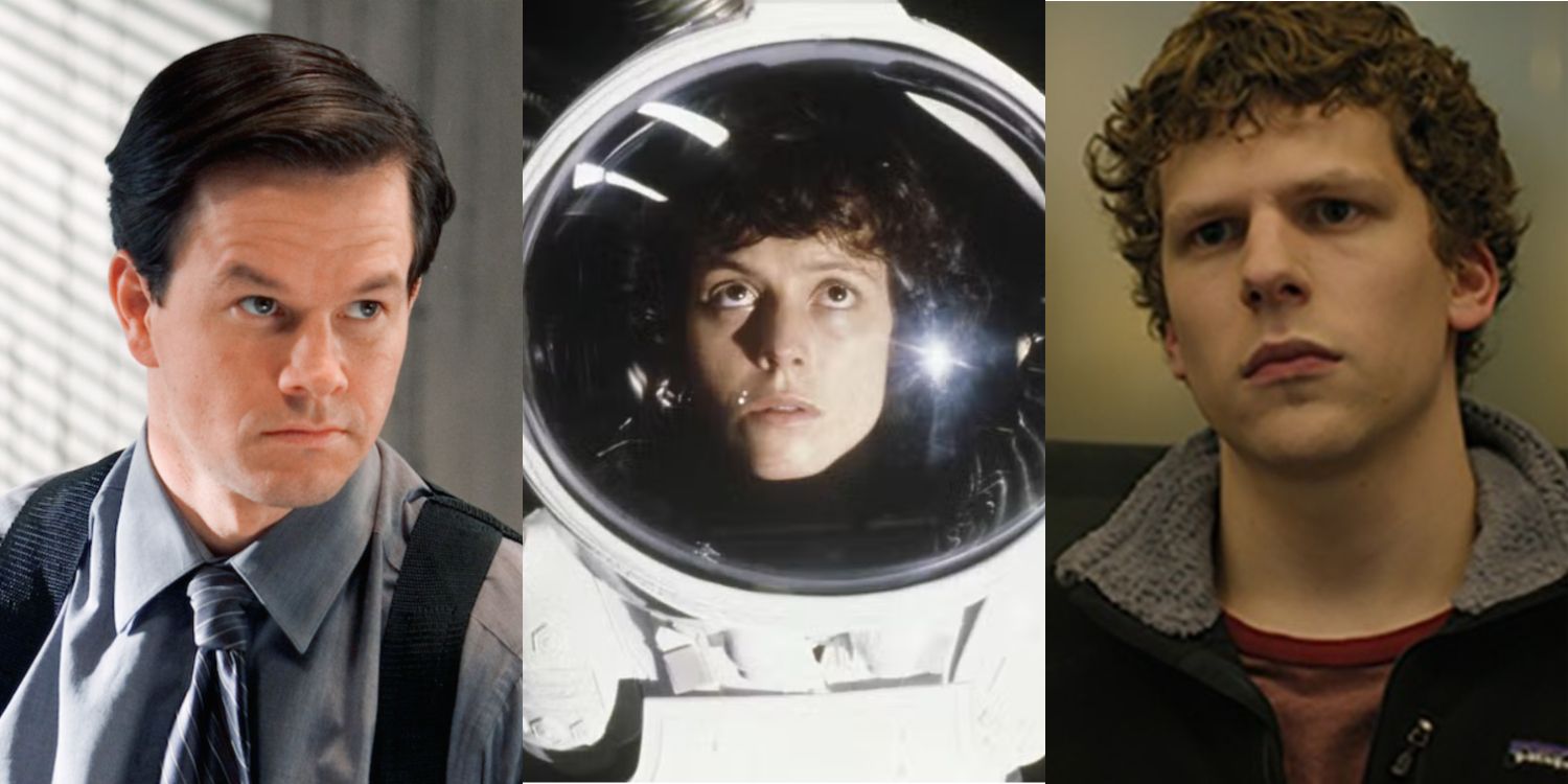 Mark Wahlberg in The Departed, Sigourney Weaver in Alien and Jesse Eisenberg in The Social Network Split Image