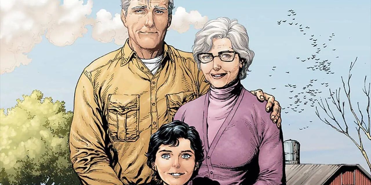 Martha and Jonathan Kent standing with a young Clark Kent in front of their family home, posing and smiling for a photo.