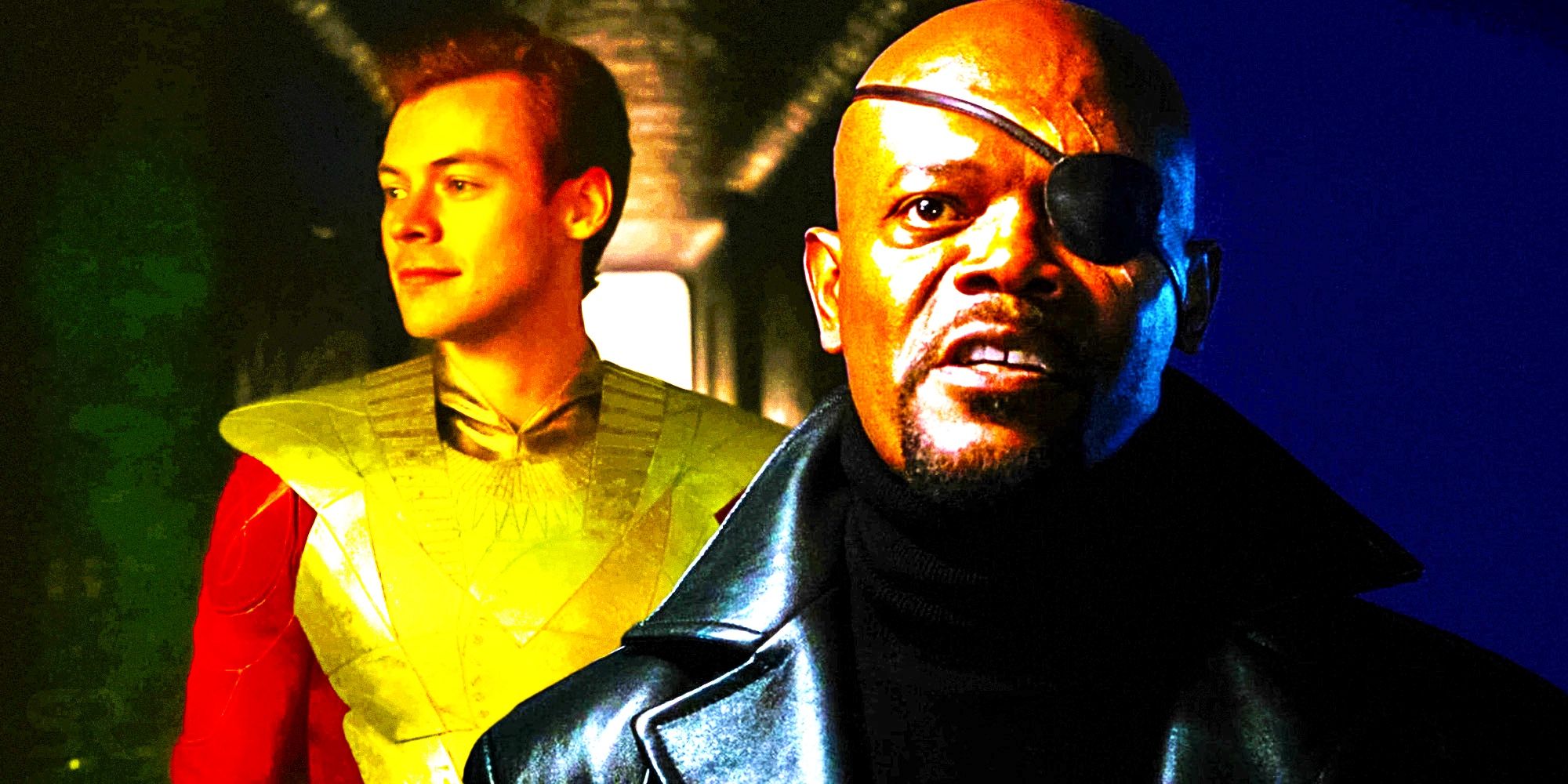 harry styles as starfox in eternals post credits and samuel l jackson as nick fury
