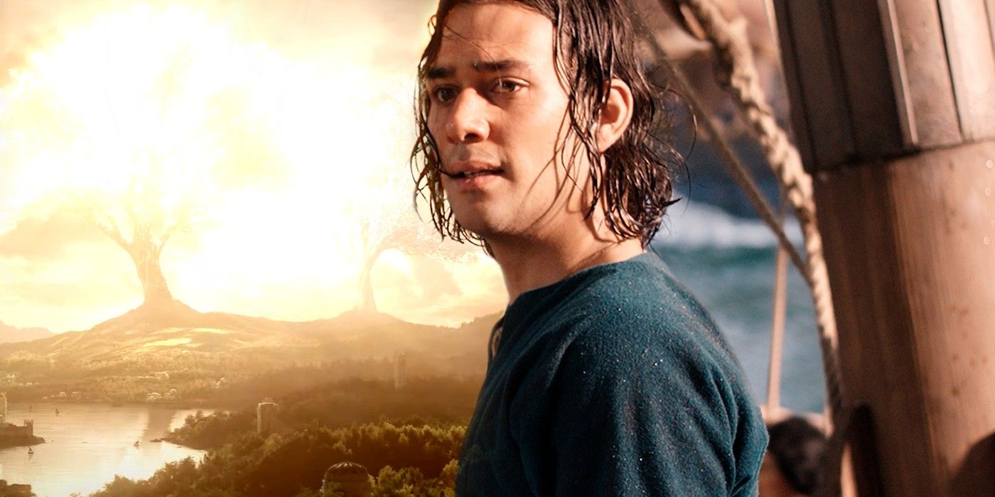 Maxim Baldry as Isildur and Trees of Valinor in Lord of the Rings The Rings of Power