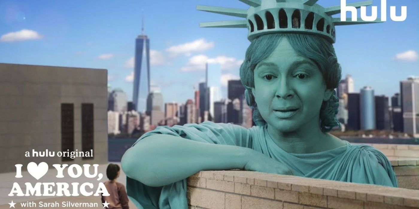 The Statue of Liberty talking to someone in I Love You, America With Sarah Silverman.