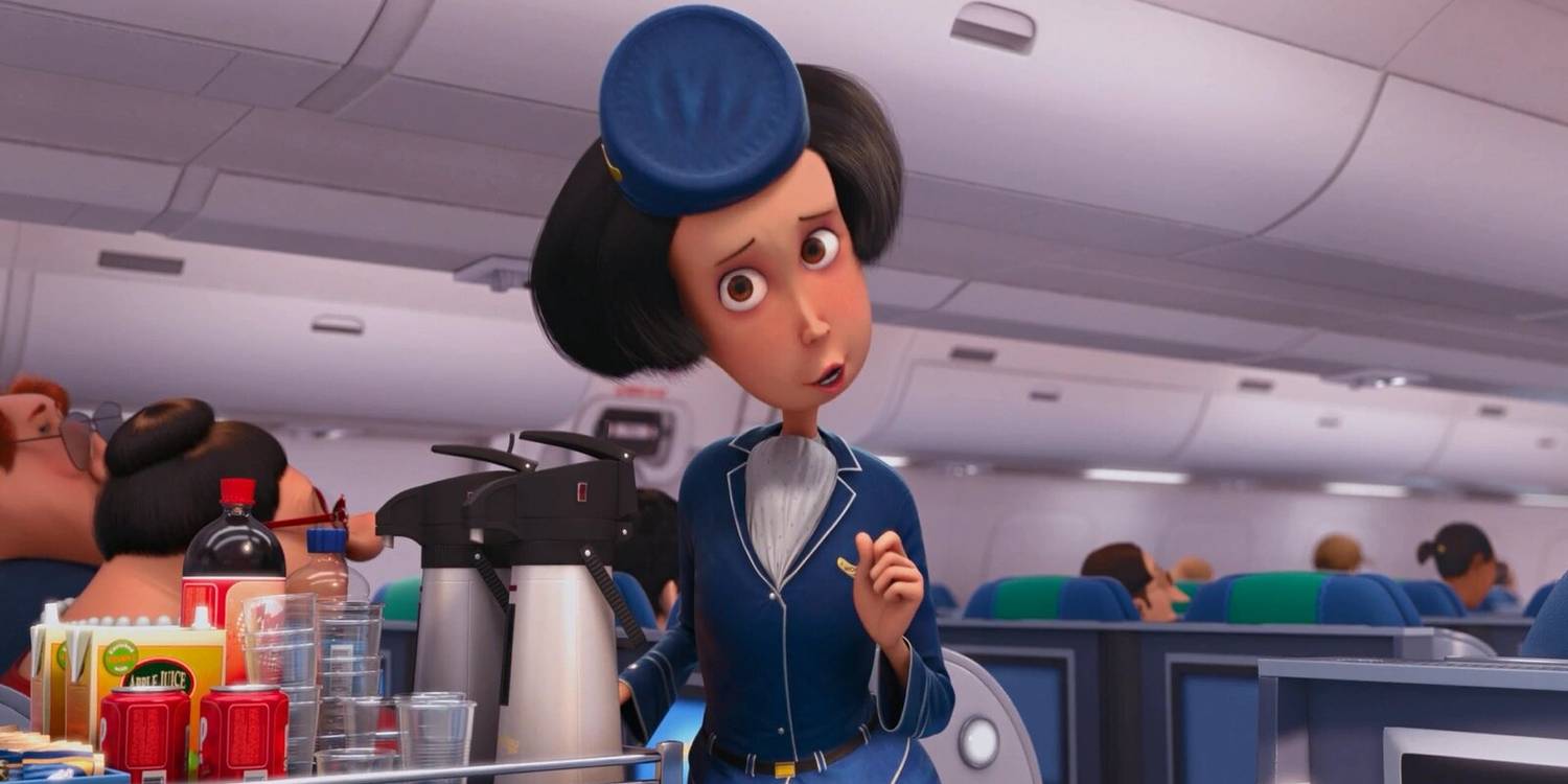 Michelle dá as boas-vindas aos passageiros a bordo do avião em Meu Malvado Favorito 2.