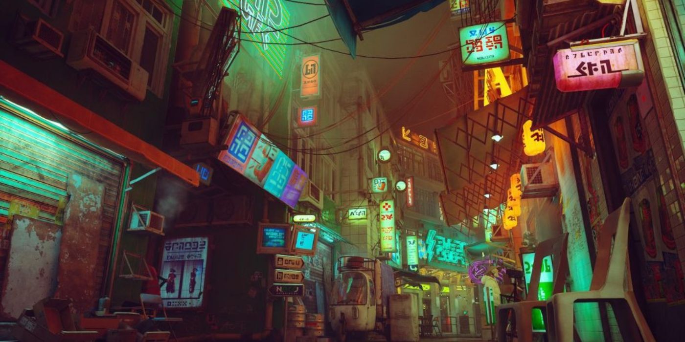 A city with neon signs in Stray.